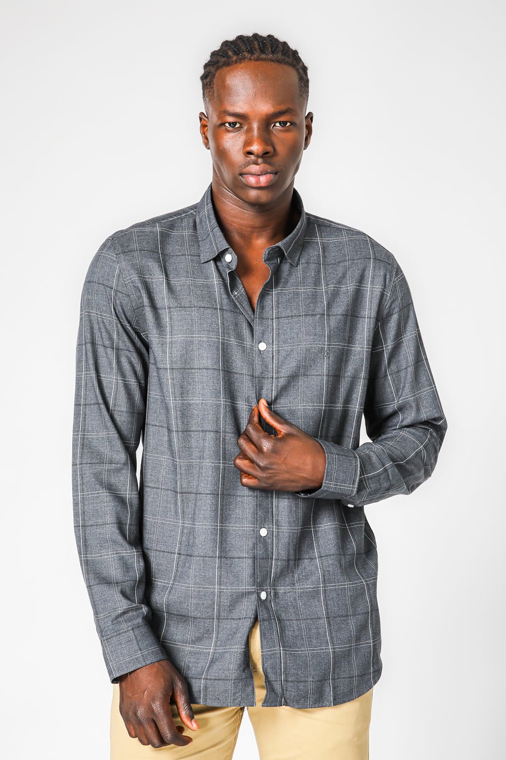 KENNETH COLE - CHARCOAL חולצת במבוק לייקרה משובצת - MASHBIR//365