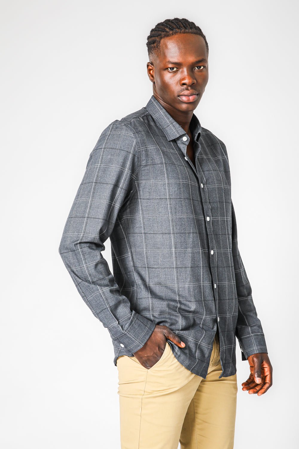 KENNETH COLE - CHARCOAL חולצת במבוק לייקרה משובצת - MASHBIR//365