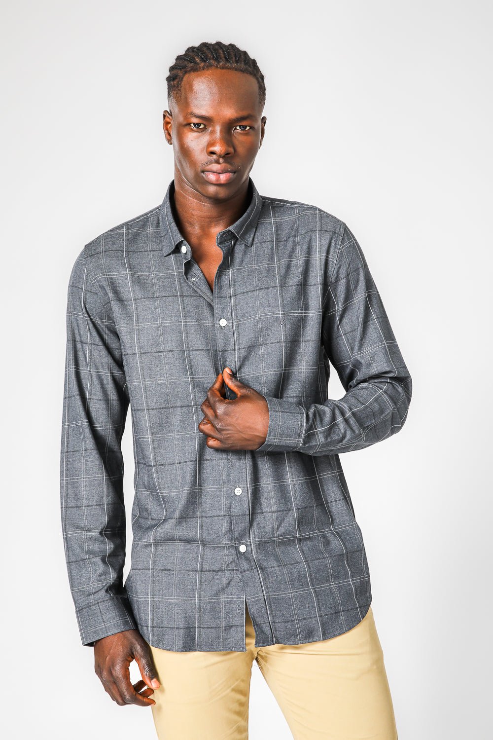 KENNETH COLE - CHARCOAL חולצת במבוק לייקרה משובצת - MASHBIR//365