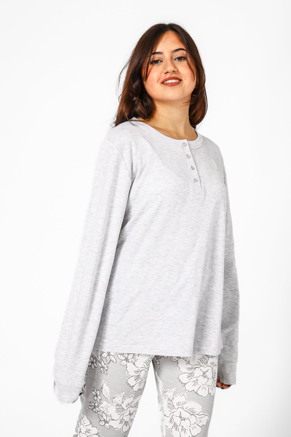 BONITA DE MAS - פיג'מה פרחים כותנה בצבע אפור - MASHBIR//365