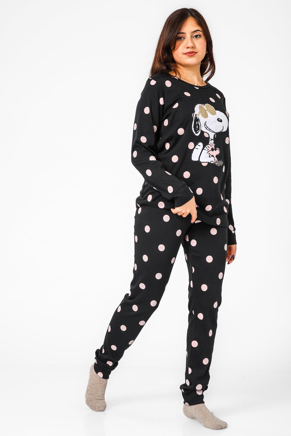 BONITA DE MAS - פיג'מה סנופי נקודות אינטרלוק בצבע שחור - MASHBIR//365