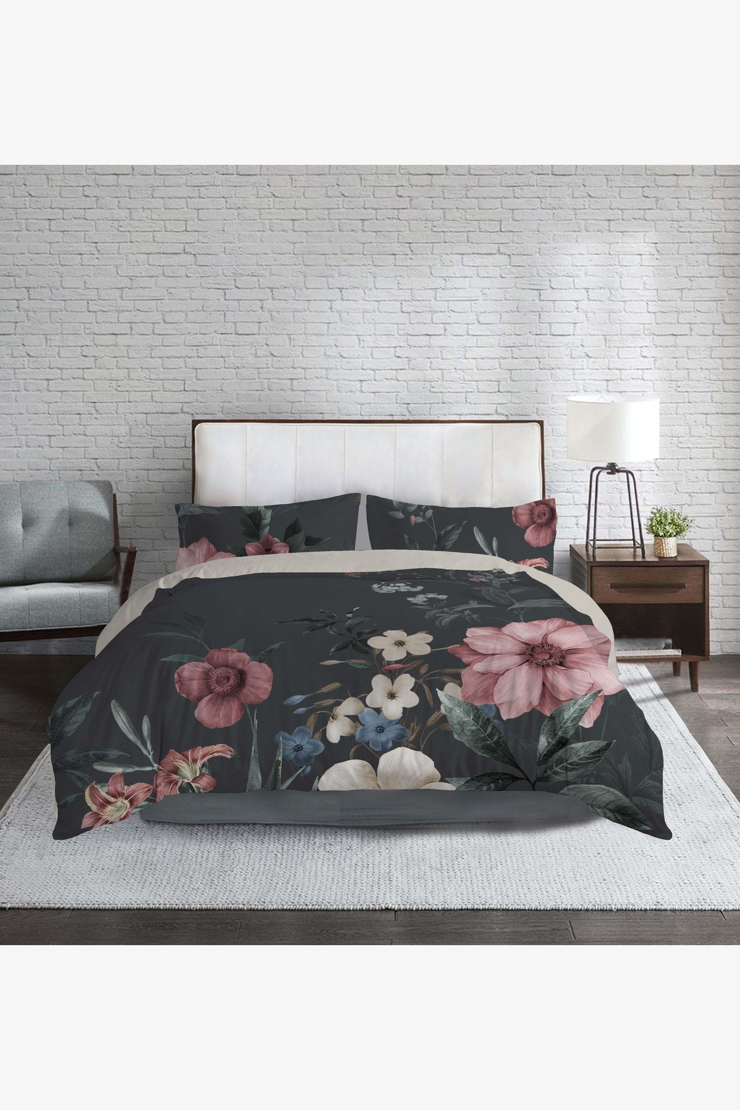 סט מצעים זוגי 160/200 כותנה סאטן דגם FLORA בצבע אפור כהה - MASHBIR//365