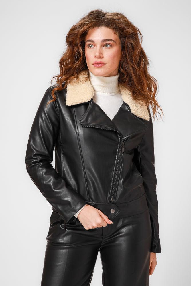 KENNETH COLE - ג'קט בייקר שחור עם פרווה בצבע בז - MASHBIR//365