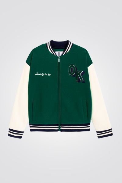 OKAIDI - ג'קט ילדים בסגנון קולג' ירוק עם שרוולים לבנים - MASHBIR//365