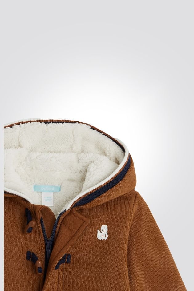 OBAIBI - ג'קט מעיל תינוקות בד עם קאפושון בצבע קאמל עם דמוי פרווה פנימית - MASHBIR//365