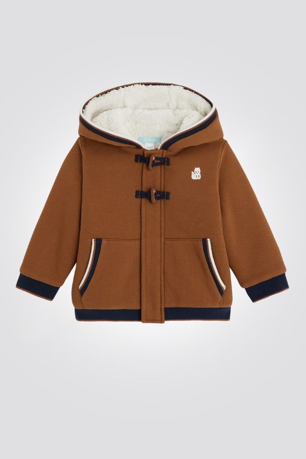 OBAIBI - ג'קט מעיל תינוקות בד עם קאפושון בצבע קאמל עם דמוי פרווה פנימית - MASHBIR//365