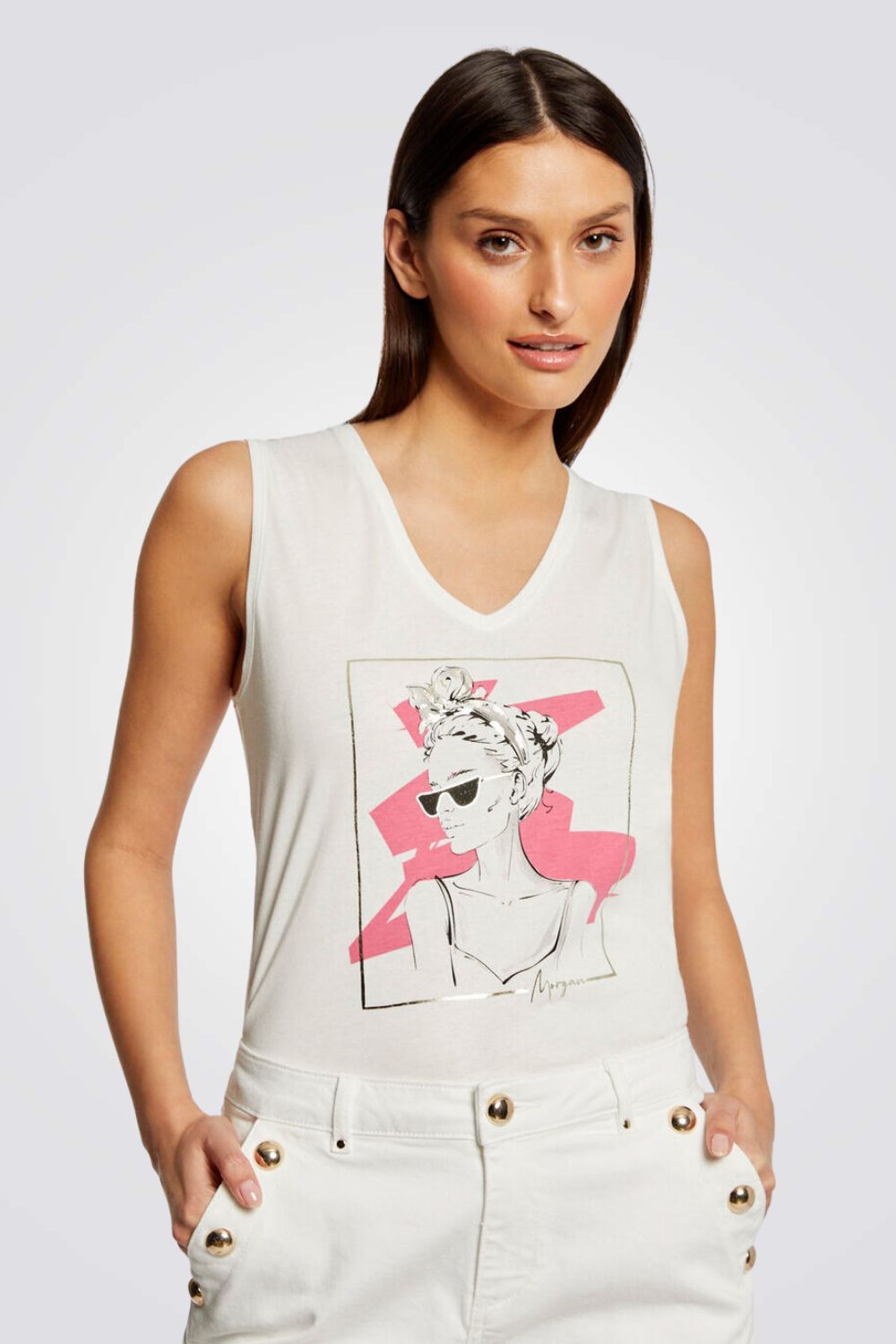 MORGAN - גופיה לבנה עם הדפס בחזית - MASHBIR//365