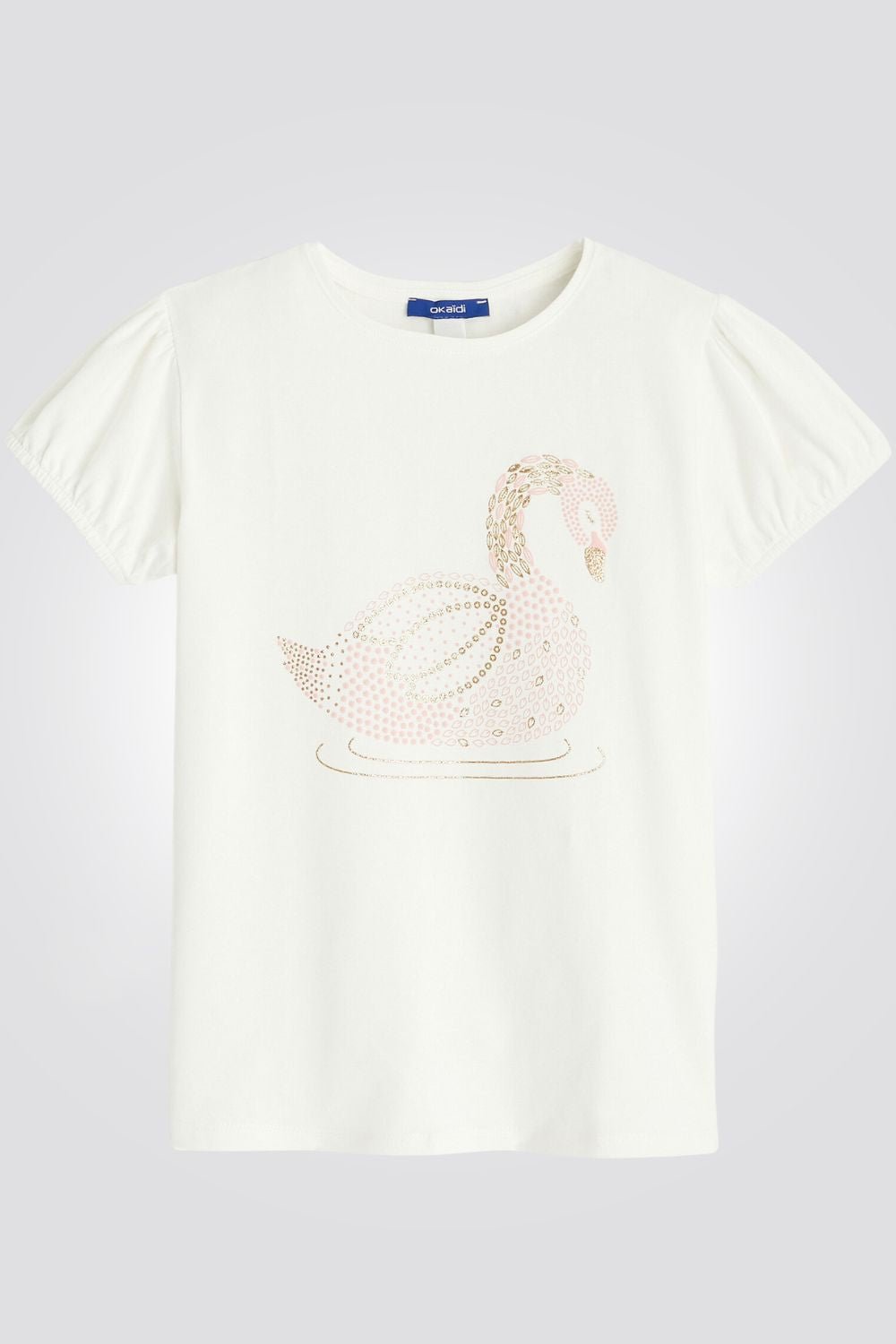 OKAIDI - טי שירט ילדותשרוול קצר לבנה עם ברבור ניטים זהב - MASHBIR//365