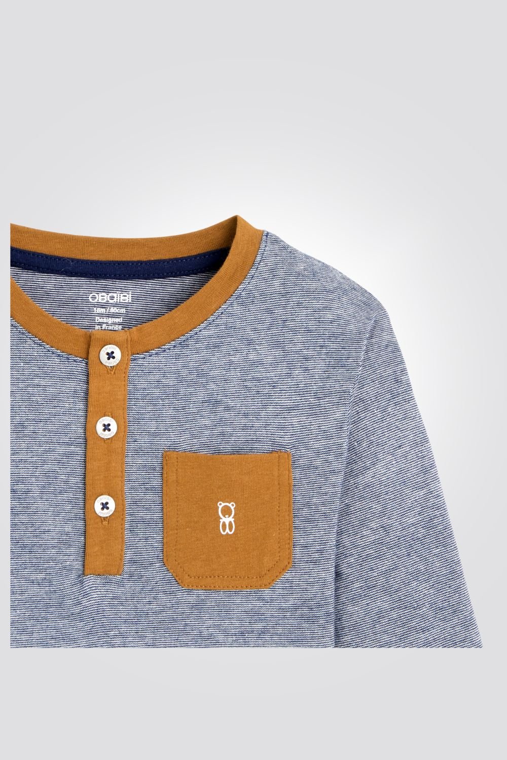 OBAIBI - טי שירט תינוקות שרוול ארוך פסים דקיקים כחול לבן וכיס קאמל - MASHBIR//365
