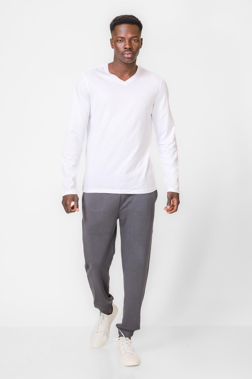 DELTA - טישירט ארוכה קלאסית צווארון וי בצבע לבן - MASHBIR//365