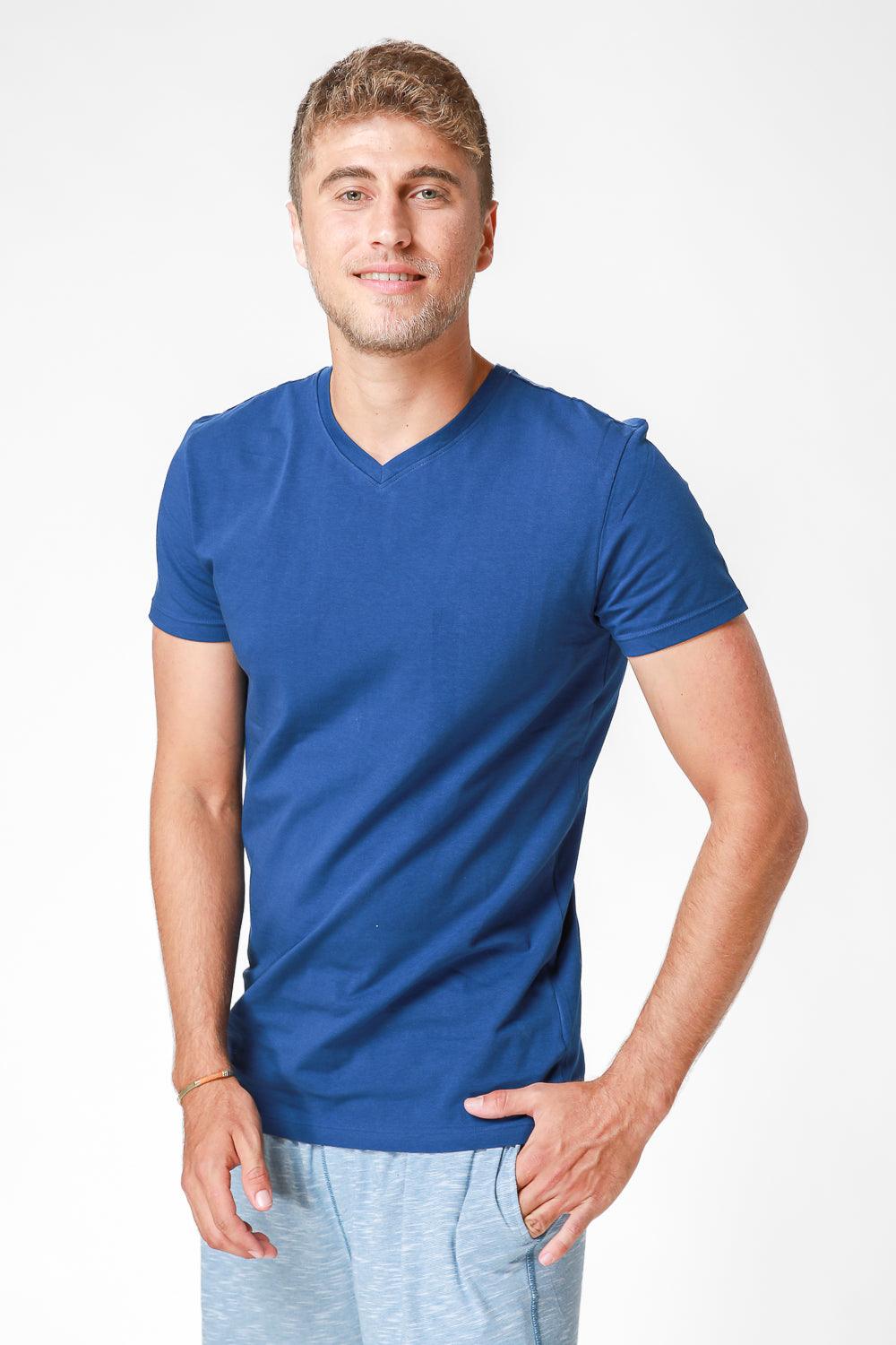 DELTA - טישירט בייסיק סלים צווארון וי בצבע כחול - MASHBIR//365