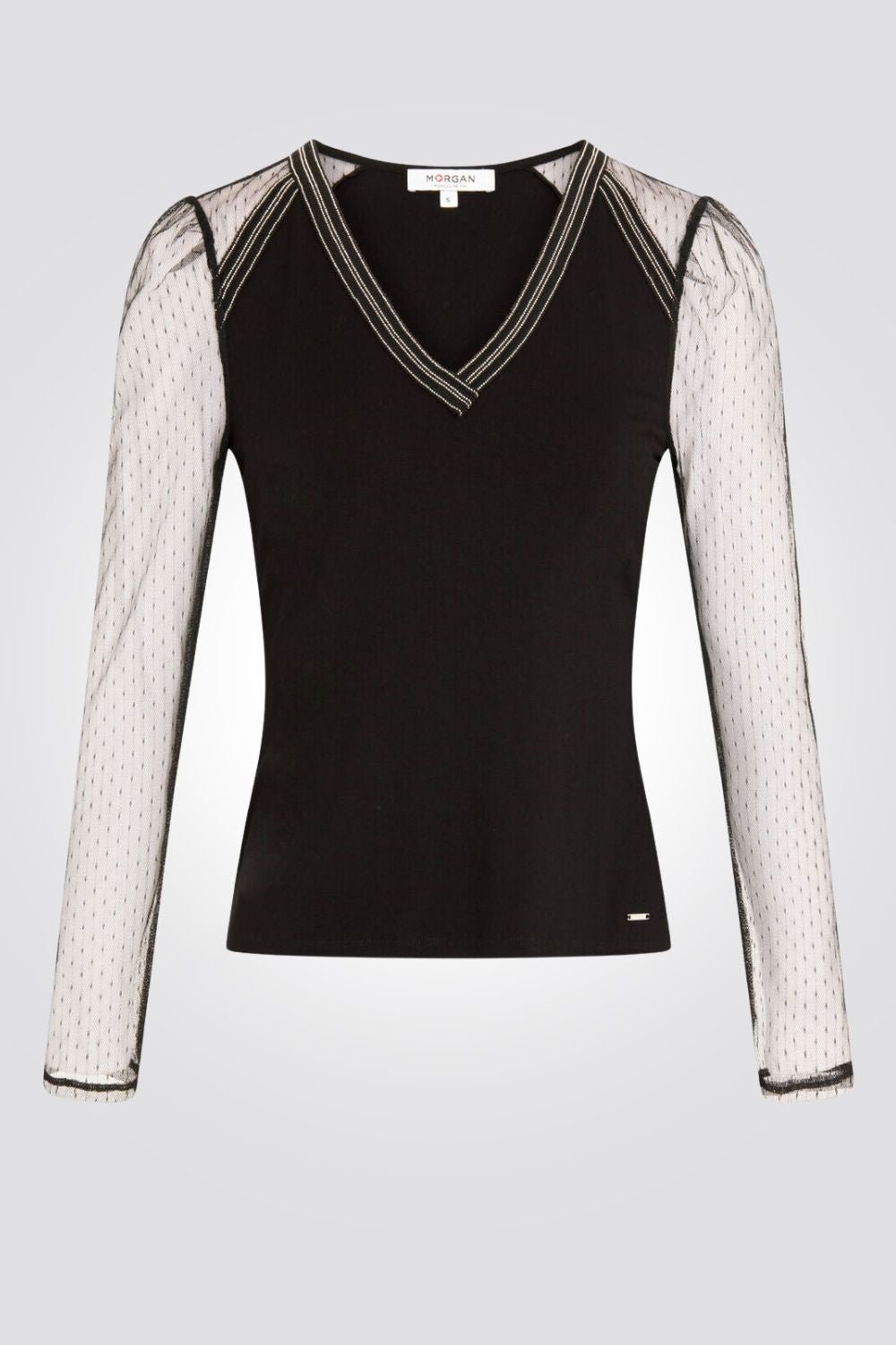 MORGAN - טישירט חגיגית וי עם שרוול שקוף בשחור - MASHBIR//365