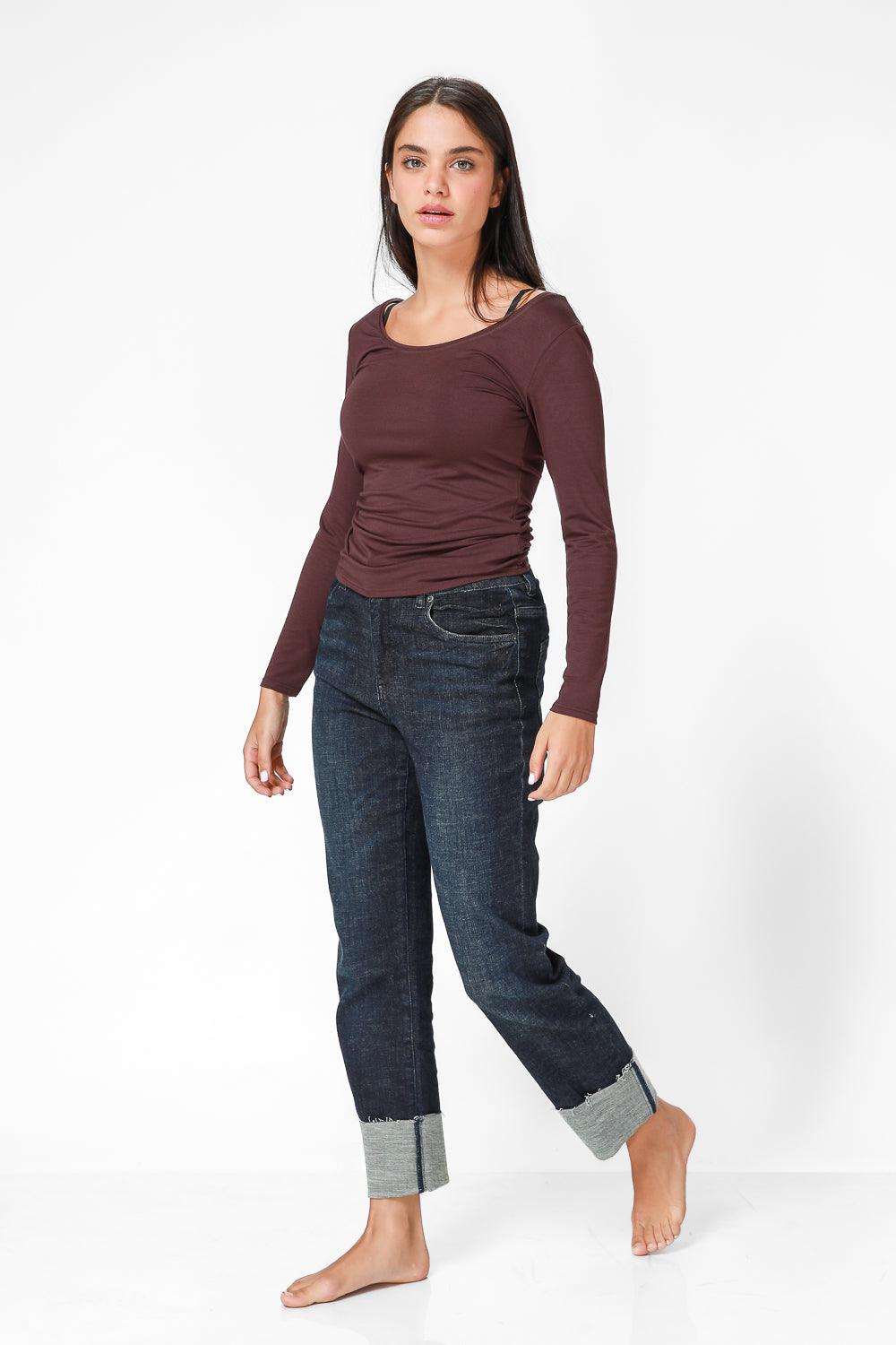  טישירט ג'רסי מפתח רחב בצבע בורדו | קנת קול 
