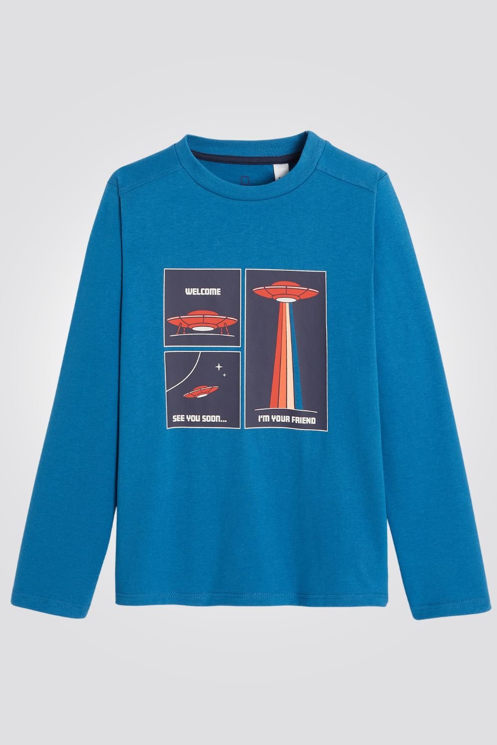 OKAIDI - טישירט ילדים בצבע טורקיז עם שרוולים ארוכים והדפס חללית - MASHBIR//365