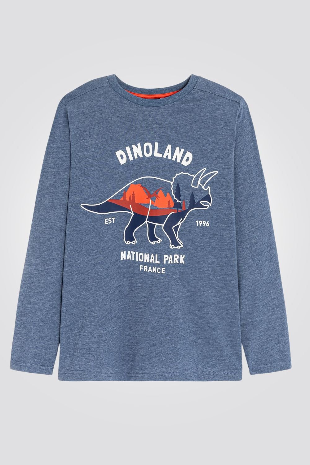 OKAIDI - טישירט ילדים שרוול ארוך כחול מלאנג' עם הדפס קרנף בכתום - MASHBIR//365