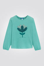 OKAIDI - טישירט ילדות שרוול ארוך בירוק עם הדפס בולט של עלה ופייטים - MASHBIR//365