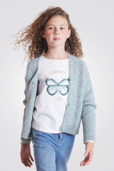 OKAIDI - טישירט ילדות שרוול ארוך בלבן עם ריקמת פרפר ירוק - MASHBIR//365