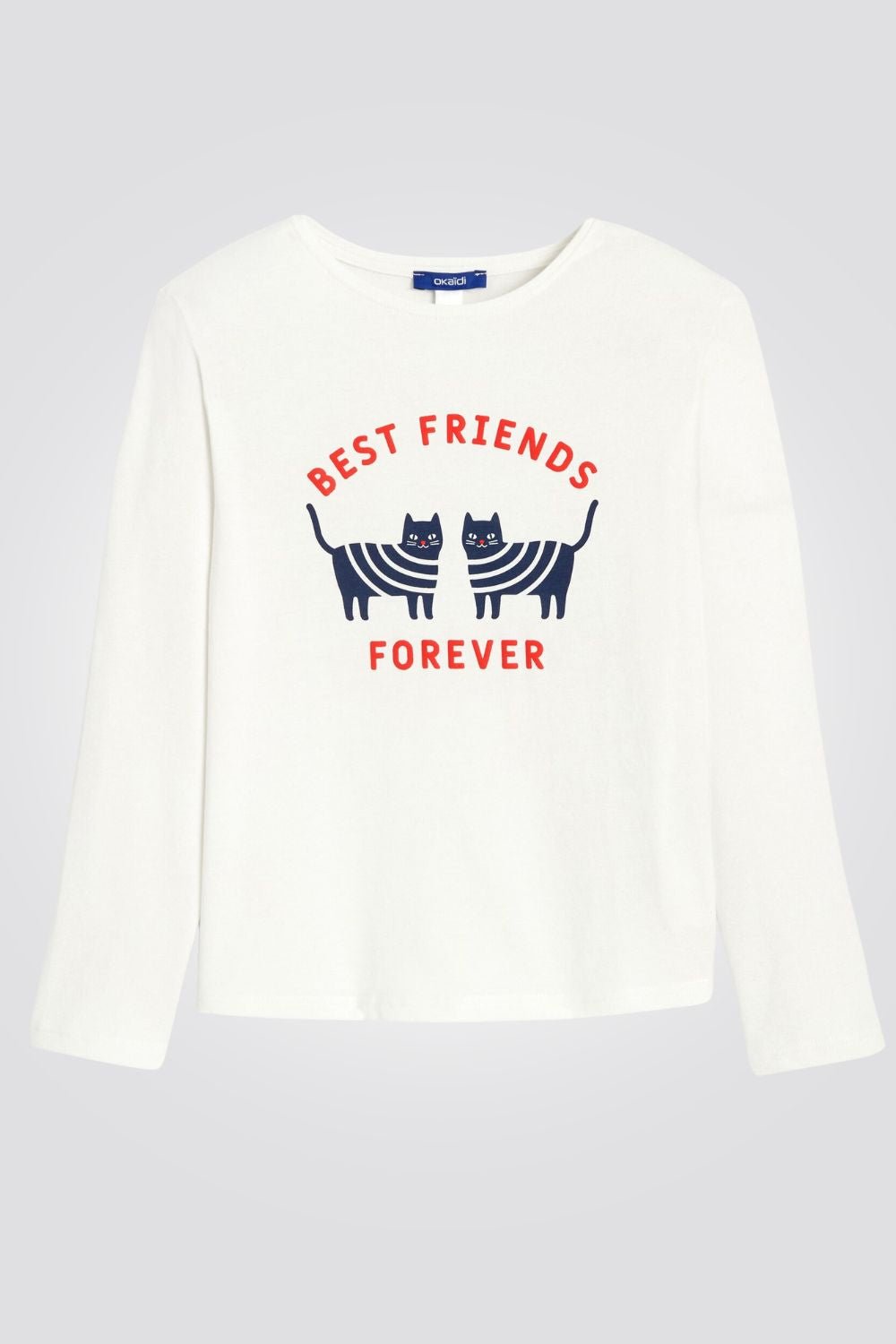 OKAIDI - טישירט ילדות שרוול ארוך הדפס חתולים כחולים על רקע לבן - MASHBIR//365