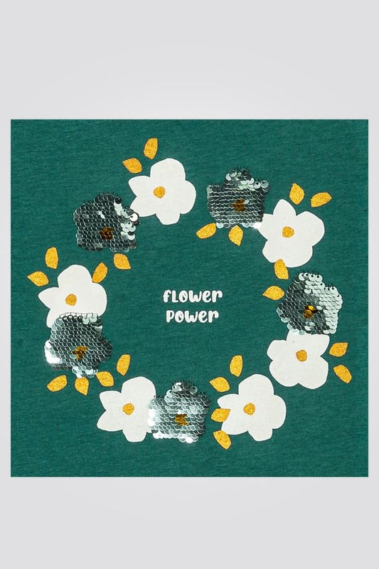 OKAIDI - טישירט ילדות שרוול ארוך ירוקה עם הדפס זר פרחים - MASHBIR//365