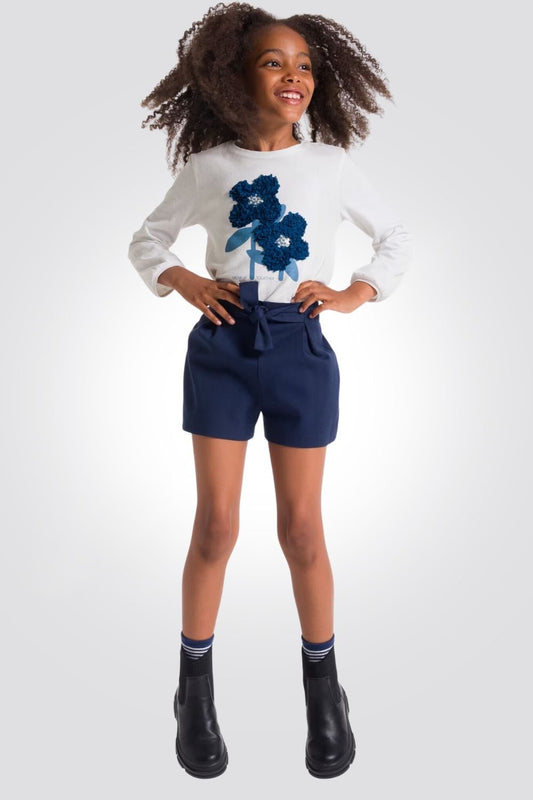 OKAIDI - טישירט ילדות שרוול ארוך לבנה עם הדפס פרח בולט בלבן - MASHBIR//365