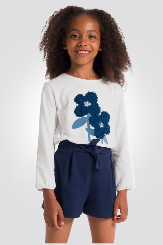 OKAIDI - טישירט ילדות שרוול ארוך לבנה עם הדפס פרח בולט בלבן - MASHBIR//365
