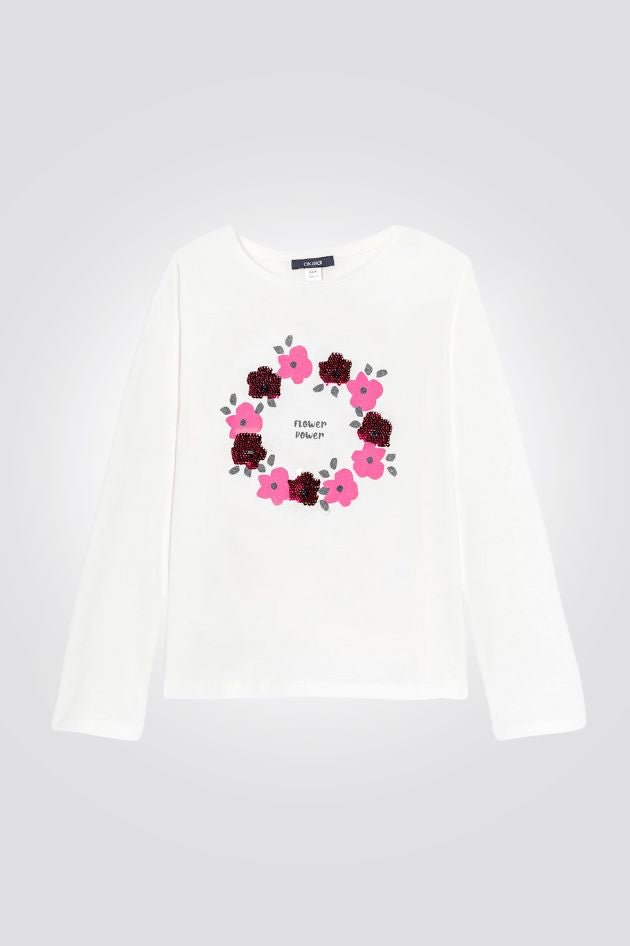 OKAIDI - טישירט ילדות שרוול ארוך לבנה עם הדפס זר פרחים - MASHBIR//365