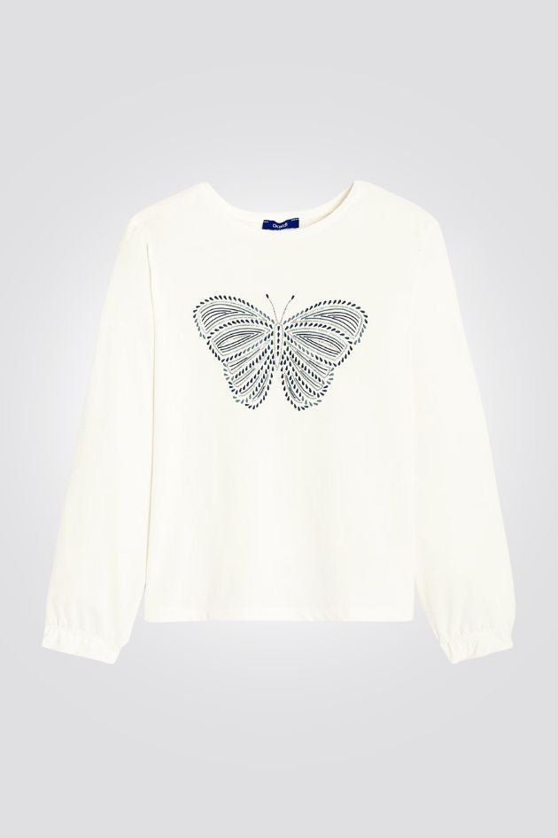 OKAIDI - טישירט ילדות שרוול ארוך שמנת עם הדפס פרפר כחול - MASHBIR//365