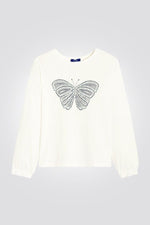 OKAIDI - טישירט ילדות שרוול ארוך שמנת עם הדפס פרפר כחול - MASHBIR//365