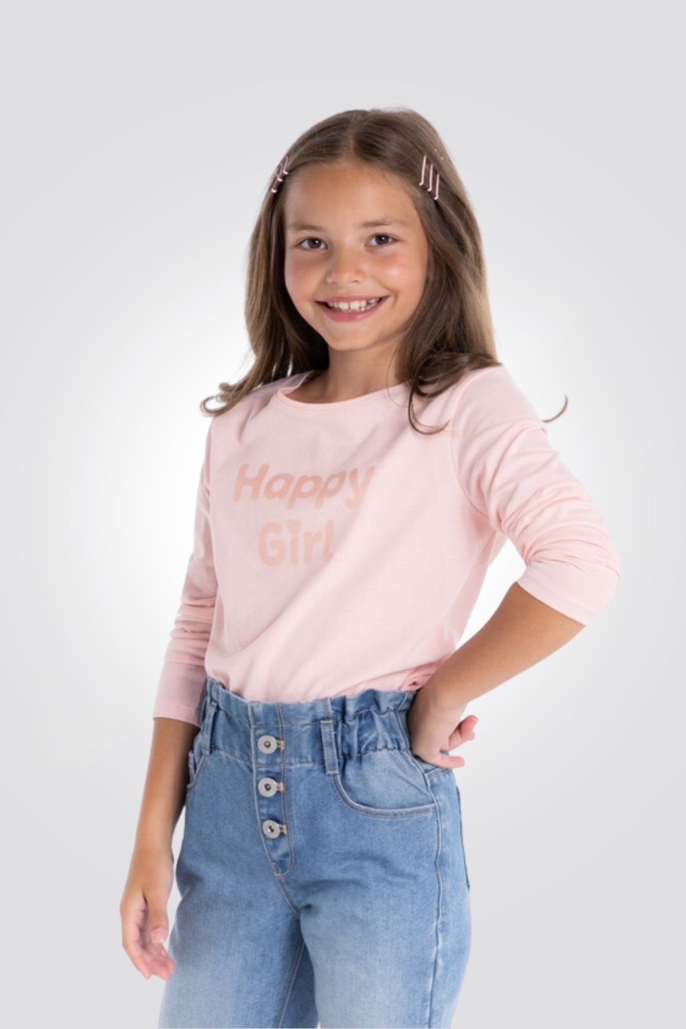 OKAIDI - טישירט ילדות ורודה שרוולים ארוכים עם הדפס HAPPY GIRL - MASHBIR//365