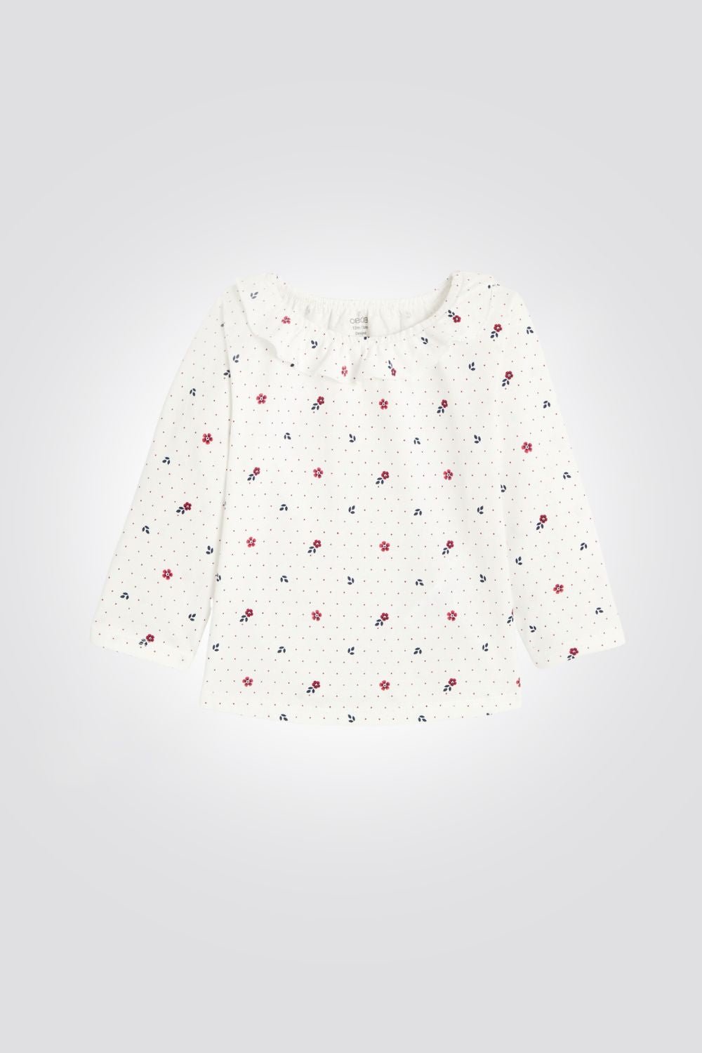 OBAIBI - טישירט טריקו שרוול ארוך פרחונית ורודה לתינוקת עם צווארון מסולסל - MASHBIR//365