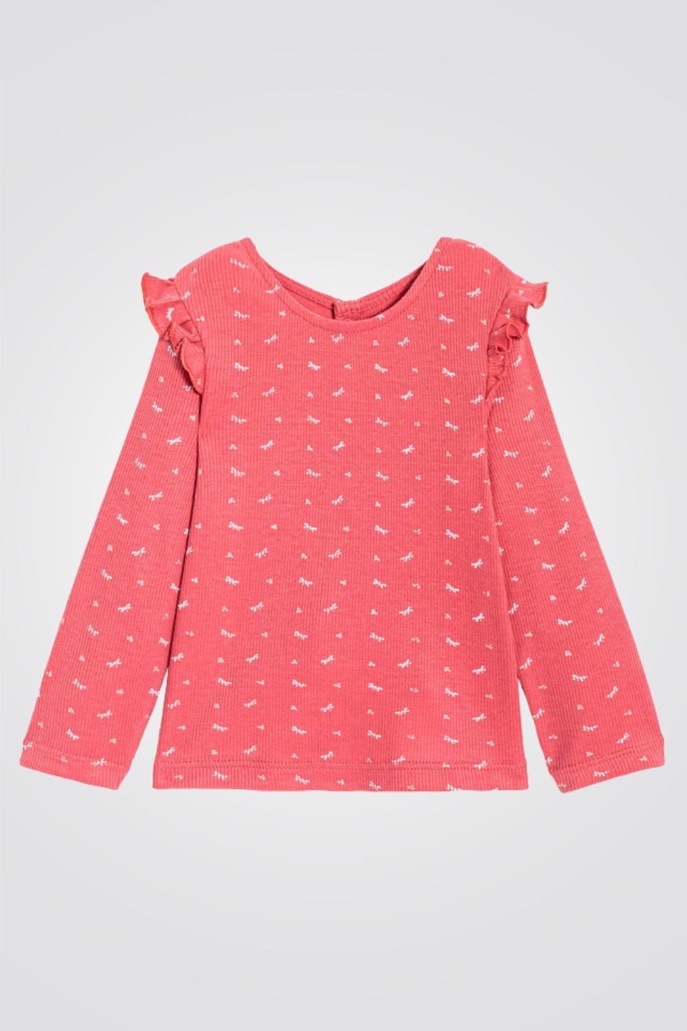OBAIBI - טישירט תינוקות ריבס שרוול ארוך עם וולן בכתף בצבע ורוד עם הדפס פפיונים בלבן - MASHBIR//365