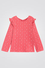 OBAIBI - טישירט תינוקות ריבס שרוול ארוך עם וולן בכתף בצבע ורוד עם הדפס פפיונים בלבן - MASHBIR//365