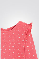 OBAIBI - טישירט תינוקות ריבס שרוול ארוך עם וולן בכתף בצבע ורוד עם הדפס פפיונים בלבן - MASHBIR//365