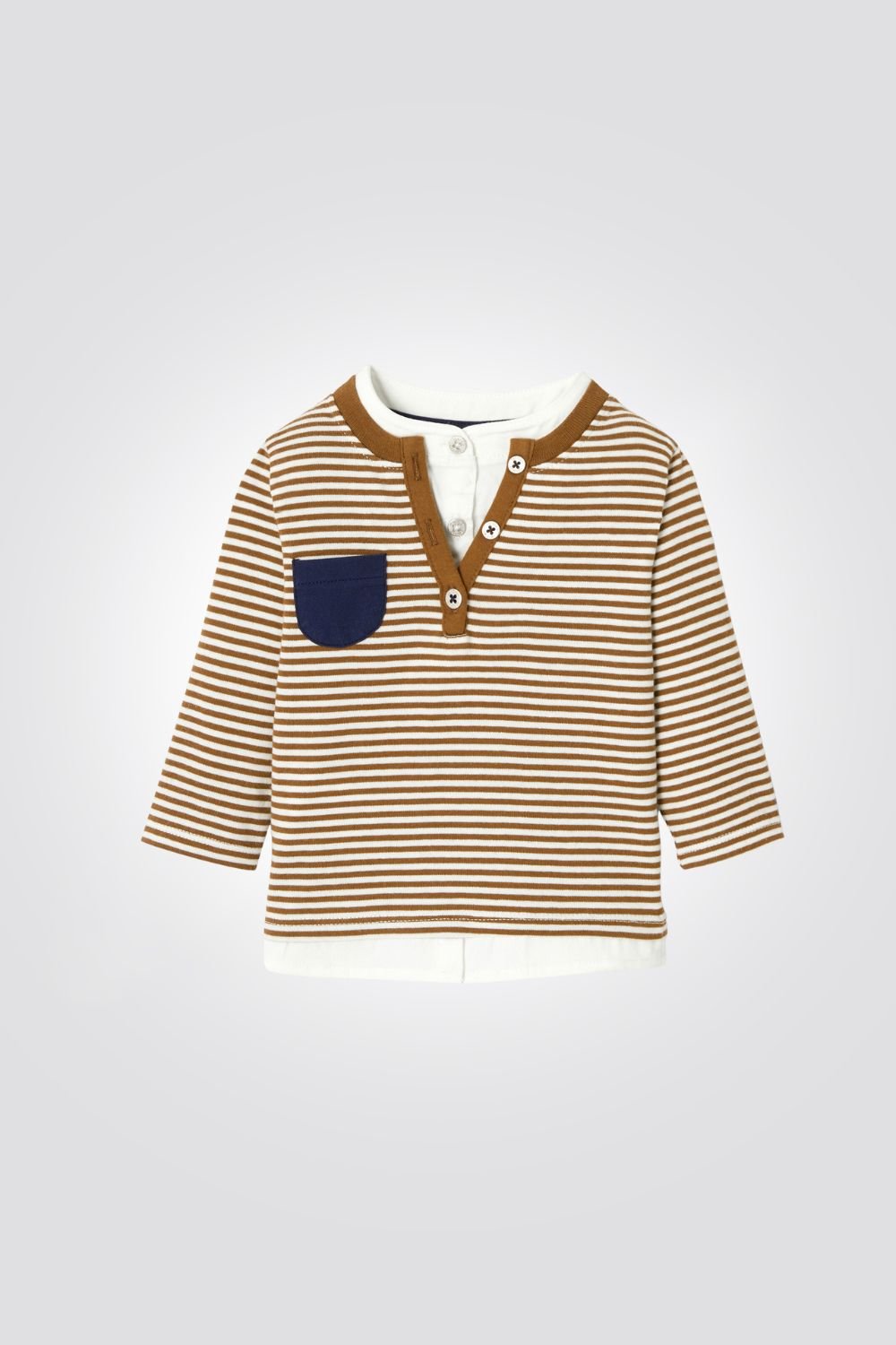 OBAIBI - טישירט תינוקות שרוול ארוך 2 שכבות פסים חום לבן - MASHBIR//365