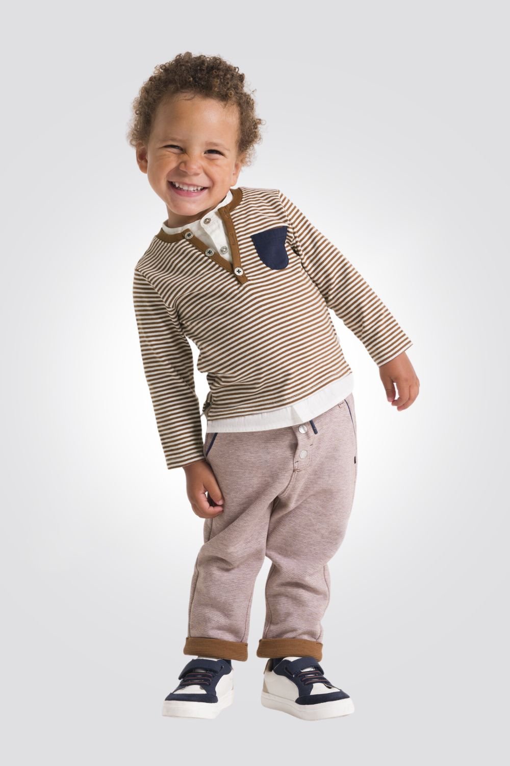 OBAIBI - טישירט תינוקות שרוול ארוך 2 שכבות פסים חום לבן - MASHBIR//365