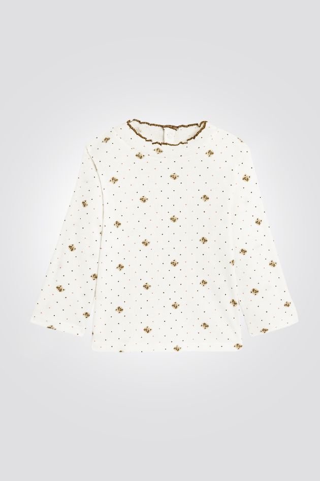 OBAIBI - טישירט תינוקות שרוול ארוך לבנה עם הדפס חתולים בחום - MASHBIR//365