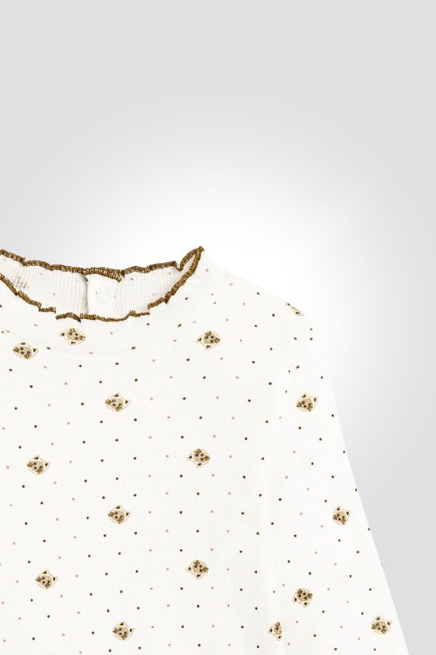 OBAIBI - טישירט תינוקות שרוול ארוך לבנה עם הדפס חתולים בחום - MASHBIR//365