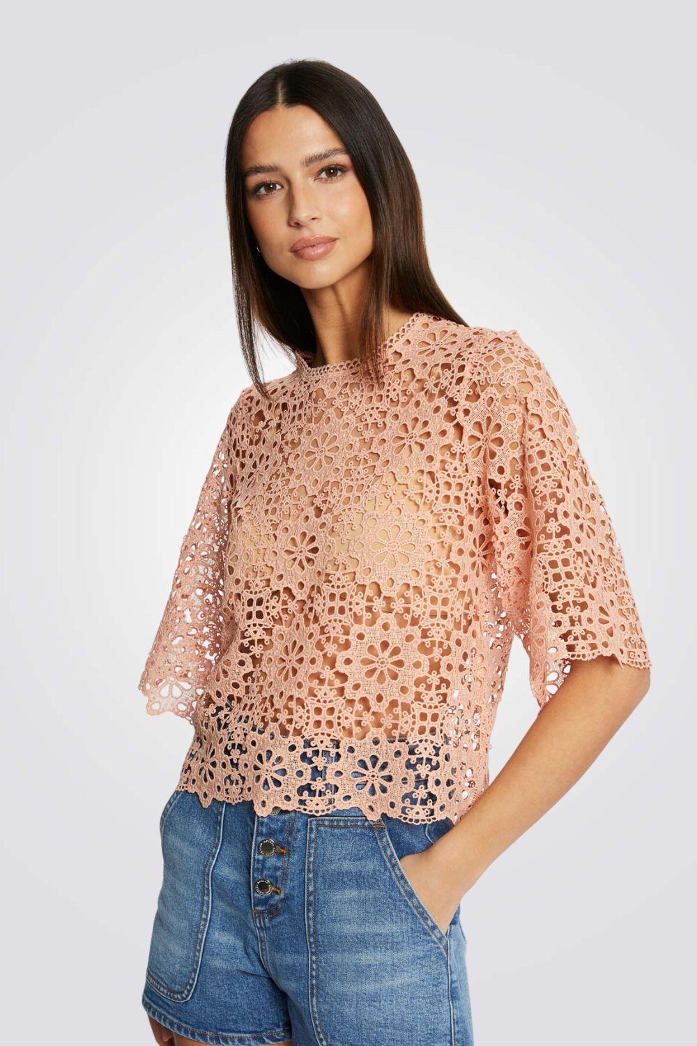 MORGAN - טישירט תחרה בצבע ורוד - MASHBIR//365