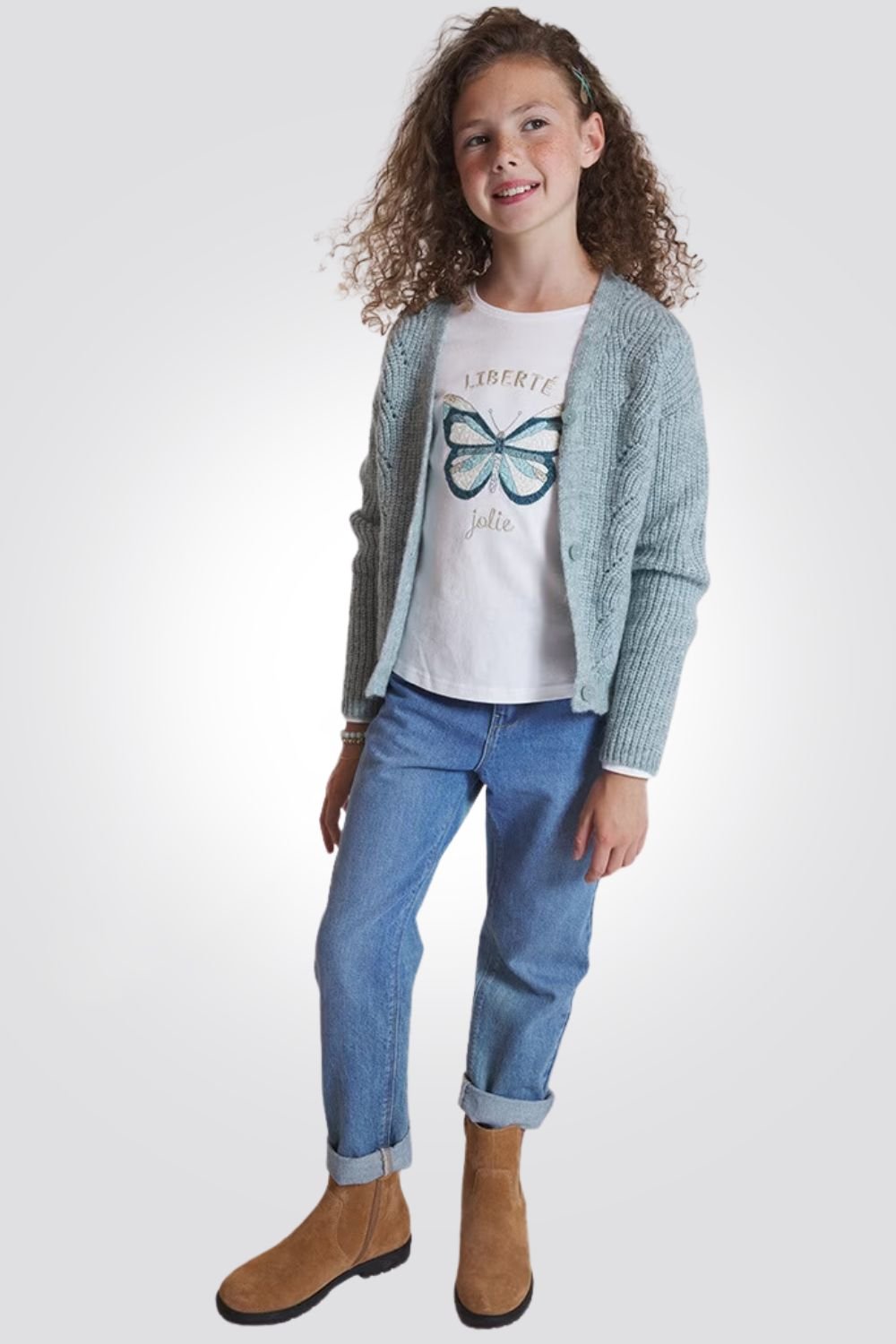 OKAIDI - קרדיגן ילדות צמות מחורר בצבע ירוק מנטה - MASHBIR//365