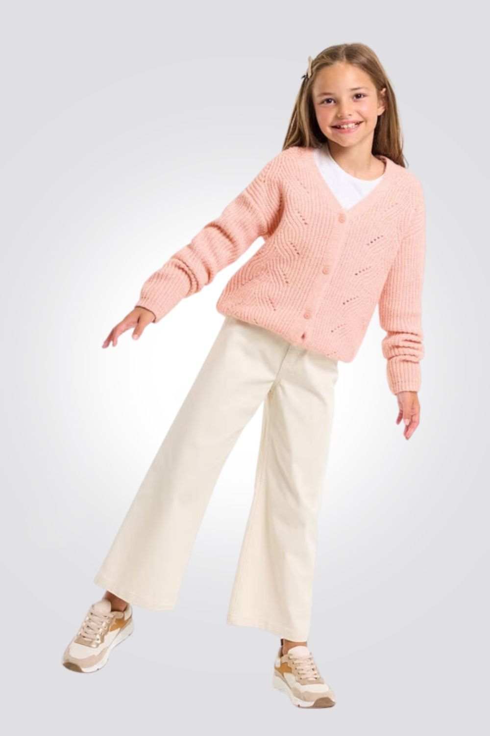 OKAIDI - קרדיגן ילדות צמות מחורר בצבע ורוד בהיר - MASHBIR//365