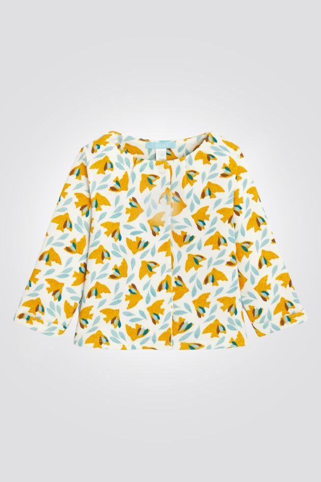 OBAIBI - קרדיגן תינוקות הדפס ציפורים צהובים על רקע לבן - MASHBIR//365