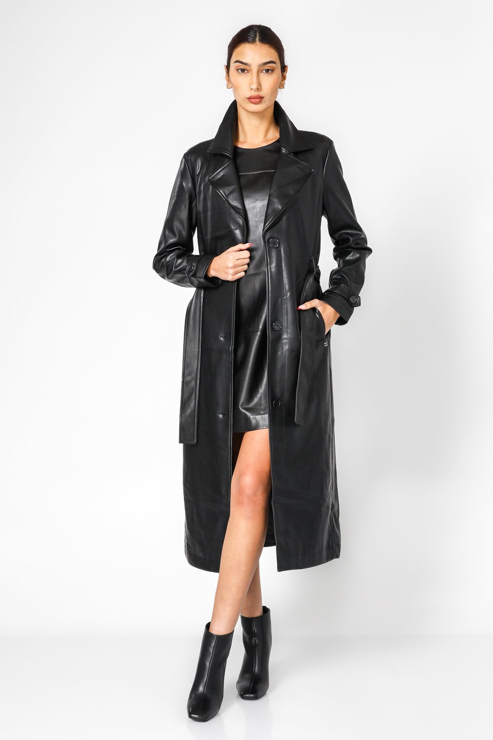 מעיל טרנץ דמוי עור שחור | קנת קול 