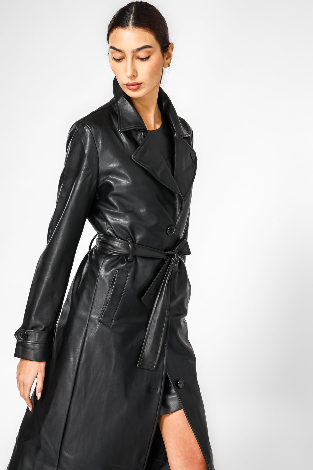 מעיל טרנץ דמוי עור שחור | קנת קול 