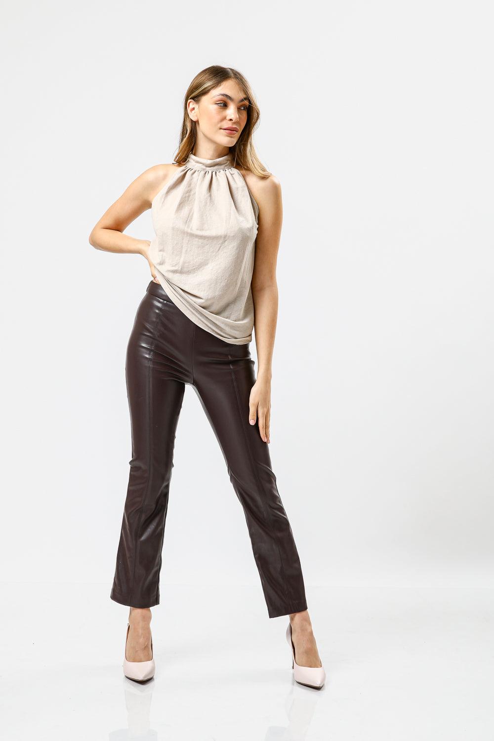 מכנסיים דמויי עור בצבע חום לנשים | קנת קול