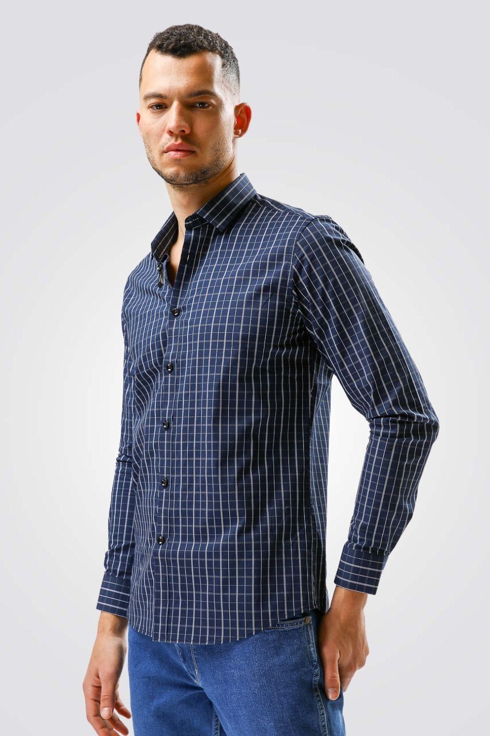 KENNETH COLE - מכופתרת STRETCH משבצות נייבי - MASHBIR//365