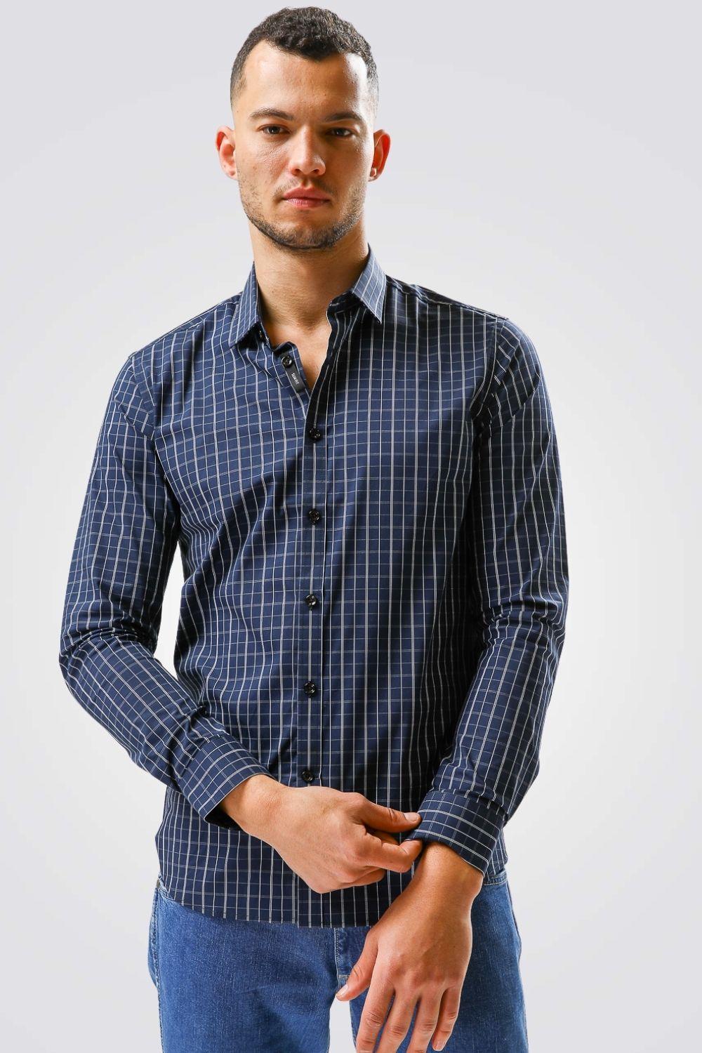 KENNETH COLE - מכופתרת STRETCH משבצות נייבי - MASHBIR//365