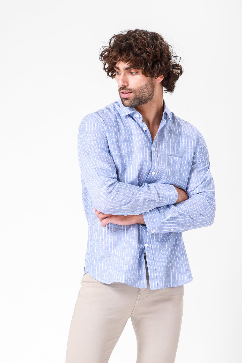 KENNETH COLE - מכופתרת כחולה עם פסים דקים בצבע לבן - MASHBIR//365