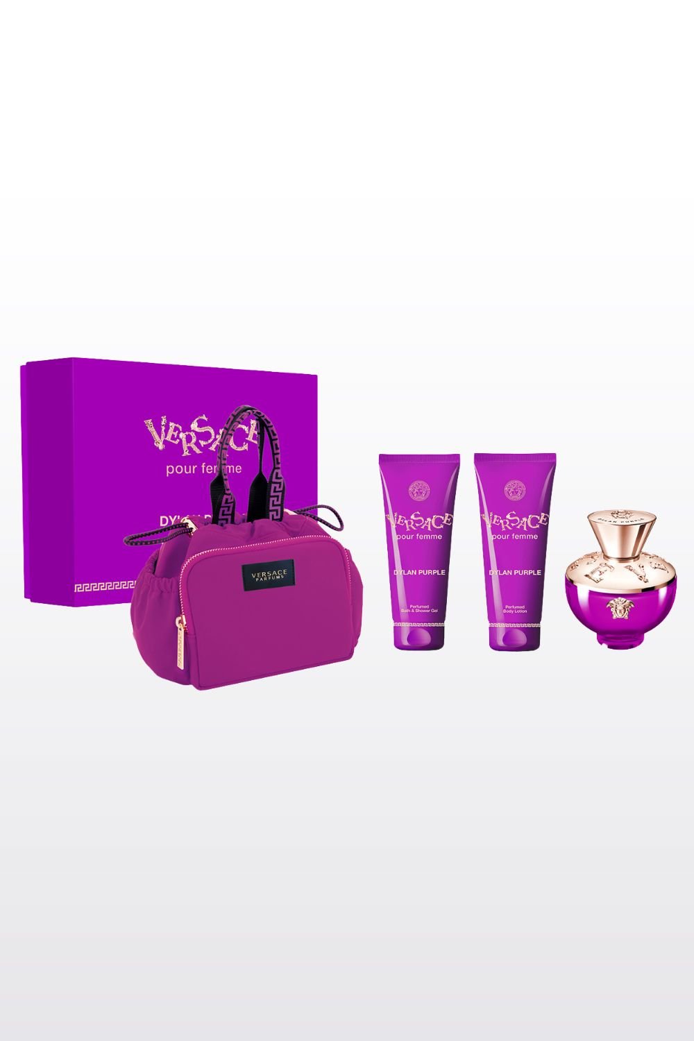 VERSACE - סט דילן פרפל לאישה לאישה א.ד.פ 100 + ג'ל רחצה 100 מ"ל + תחליב גוף 100 מ"ל + תיק איפור - MASHBIR//365