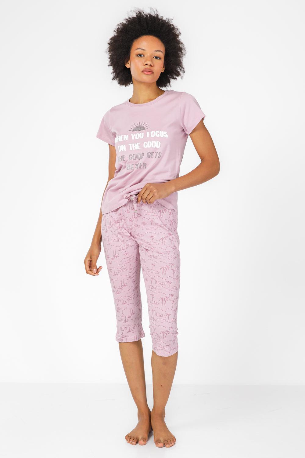 BONITA DE MAS - סט פיג'מה 3/4 בהדפס דקלים בצבע סגול - MASHBIR//365