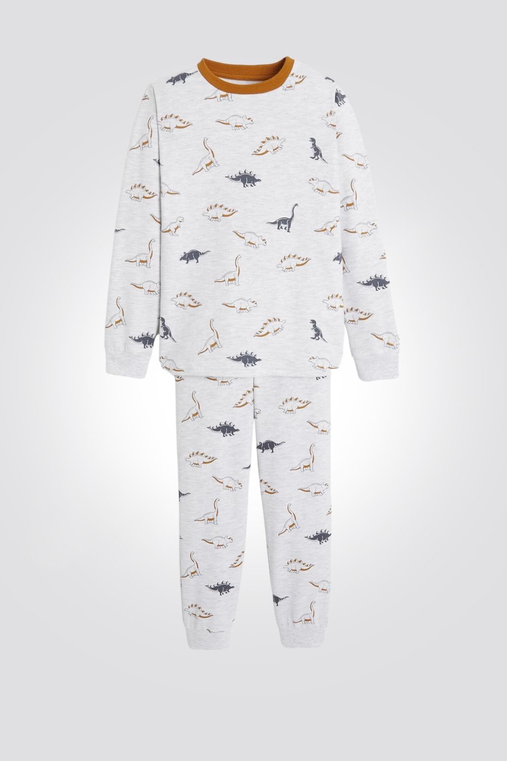 OKAIDI - סט פיג'מה ילדים שרוול ארוך אפור בהיר מלאנג' עפ הדפס דינואזורים - MASHBIR//365